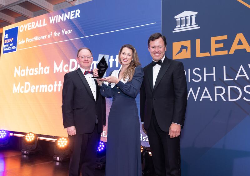 Richard Hammond, solicitor and partner at Hammond Good LLP and chair of the judging panel of the Leap Irish Law Awards; Natasha McDermott, McDermott Solicitors; and Anton Savage, MC of the night. Photograph: Paul Sherwood