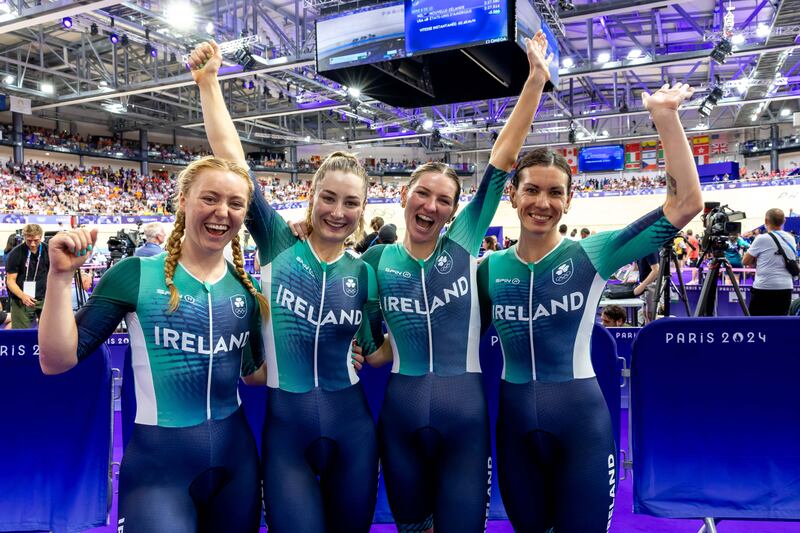 Ireland’s Lara Gillespie, Mia Griffin, Alice Sharpe and Kelly Murphy celebrate setting a new national record in the women’s Team Pursuit qualifying at the Saint-Quentin-en-Yvelines Velodrome in Paris. Photograph: Morgan Treacy/Inpho