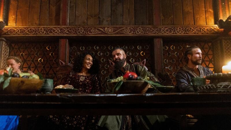 ‘What you having? Mead? Yeah, me too.’ Caroline Henderson and Bradley Freegard in Vikings: Valhalla