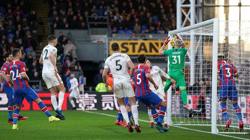 Crystal Palace goalkeeper Vicente Guaita     scores an own goal  at Selhurst Park. Photo: Tess Derry/PA Wire.