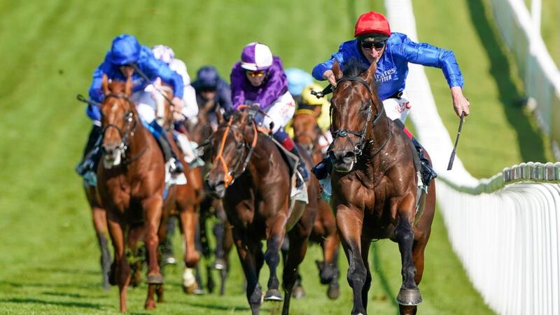 Adam Kirby riding Adayar come home to win  win the Cazoo Derby at Epsom. Photograph: Alan Crowhurst/Getty Images
