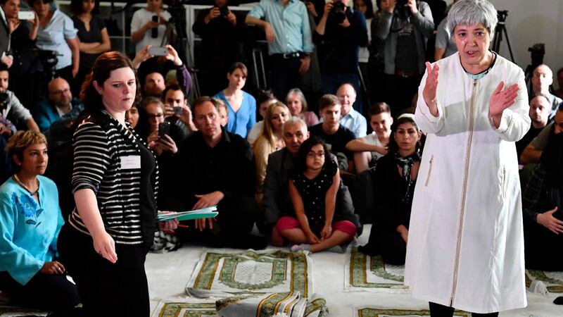 Seyran Ates prepares ahead of inaugural prayers at the Ibn Rushd-Goethe-mosque in Berlin. Photograph:  John MacDougall/AFP/Getty