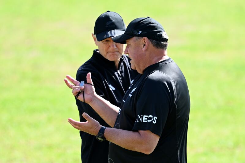 New Zealand head coach Ian Foster in conversation with assistant coach Joe Schmidt. File photograph: Getty Images