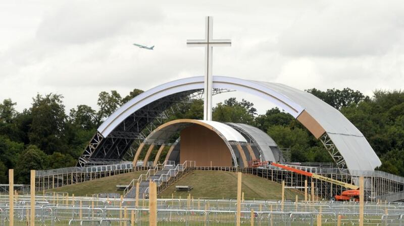 Work under way at the site of the papal Mass at the Phoenix Park in Dublin. Photograph: Dara Mac Dónaill