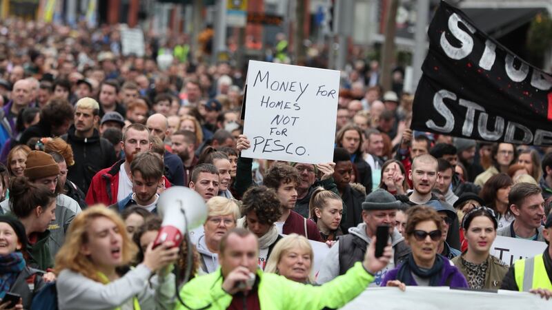 People during a housing protest in Dublin. Photograph: Brian Lawless/PA