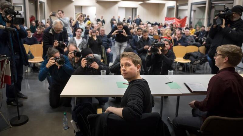 Grassroots rebellion: Kevin Kühnert at a Social Democratic Party rally in Berlin in February. Photograph: Gordon Welters/New York Times