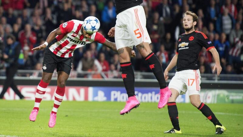 PSV Eindhoven’s Luciano Narsingh heads home the winning goal    in the  Champions League match against Manchester United at the Philips Stadion. Olaf Kraak/EPA