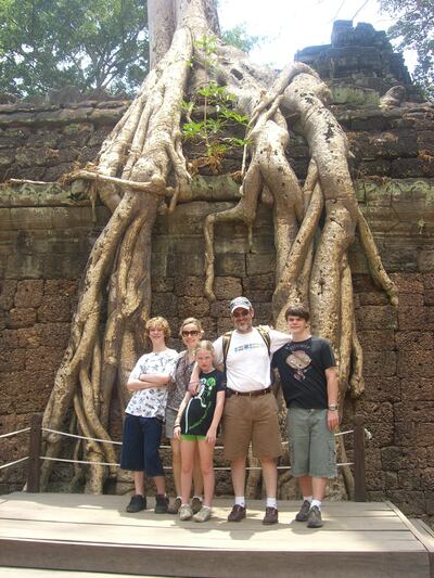 Maeve O’Donovan and her ex-husband Dan Hamer, and their children Cian, Ruán and Sorcha Hamer in Ta Prohm Temple, Ankor Wat, Cambodia