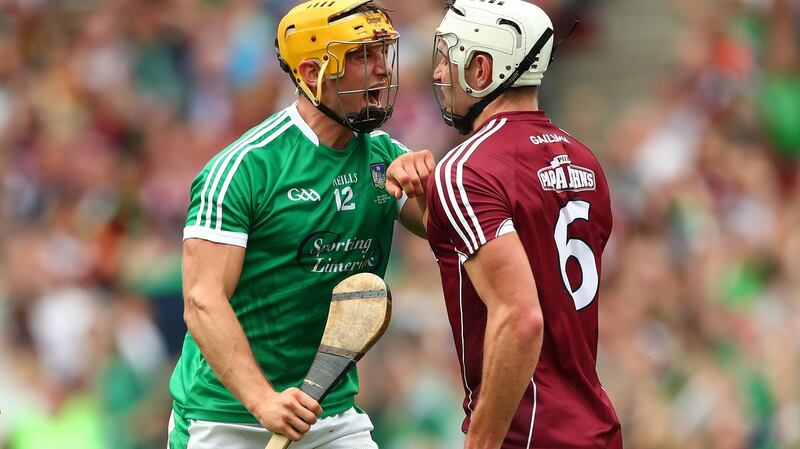 Limerick’s Tom Morrissey celebrates his goal in front of Galway’s Gearoid McInerney. Photograph: James Crombie/Inpho