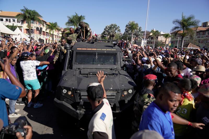 Troops loyal to Capsat military unit commander Col Michael Randrianirina in Antananarivo, Madagascar, on Tuesday. Photograph: Brian Inganga/AP