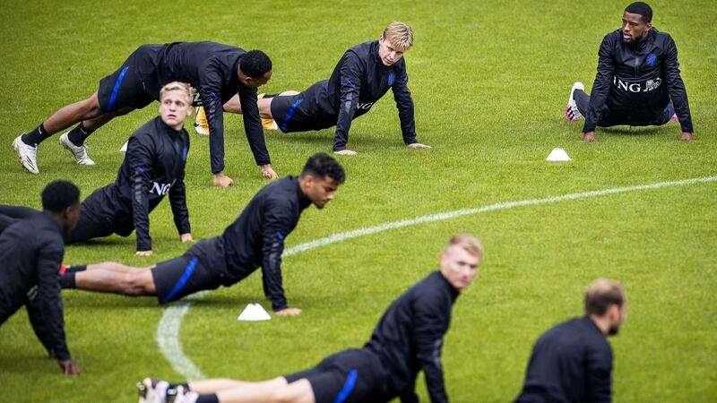 Donny van de Beek trains with the Netherlands ahead of their clash with Poland on Friday night. Photograph: Koen Van Weel/EPA