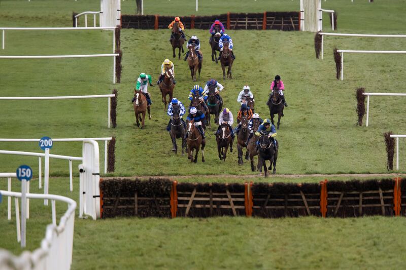 The runners and riders during a handicap hurdle race at Thurles in November 2021. Photograph: Morgan Treacy/INPHO