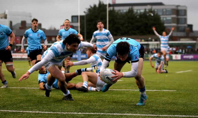 Patrick Wood gets in for a try for St Michael's College in the Bank of Ireland Leinster schools senior cup semi-final against Blackrock College at Energia Park in Donnybrook. Photograph: Ryan Byrne/Inpho