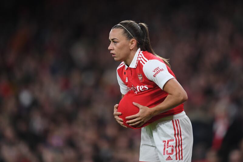 Katie McCabe of Arsenal prepares to take a throw in during the FA Women's Super League match between Arsenal and Manchester United at Emirates Stadium, London, England. Photograph: Harriet Lander/Getty Images