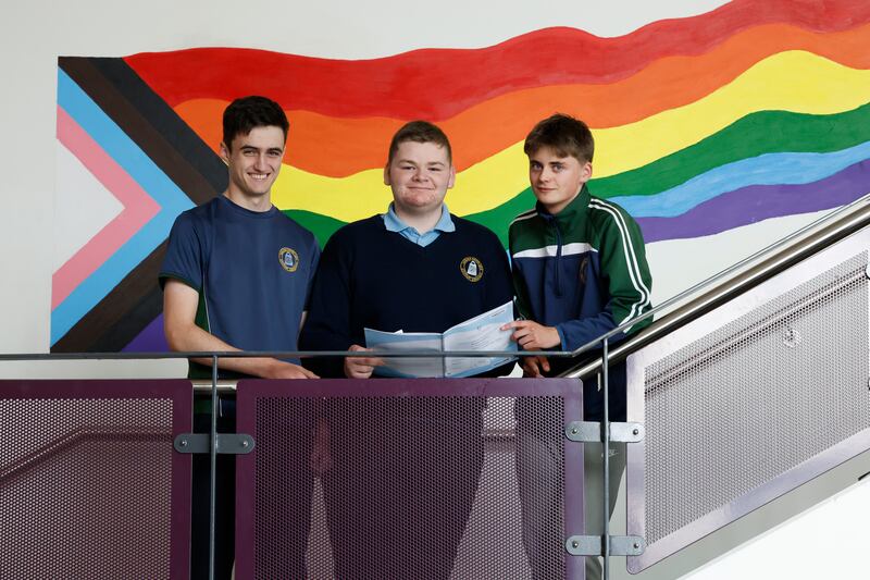Leaving Cert students from Colaiste Raithin, Ravenswell, Bray, Co Wicklow following paper Irish paper one. Pictured are Donncha MacMaoláin with Robert Ellis Kelly and Ted Ò Cearúil.  Photograph Nick Bradshaw
