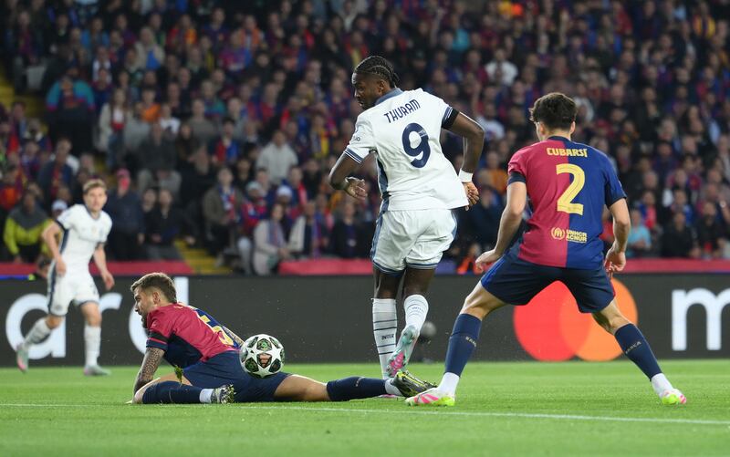 Marcus Thuram's  audacious flick puts Inter one up at Estadi Olimpic Lluis Companys in Barcelona. Photograph: David Ramos/Getty Images