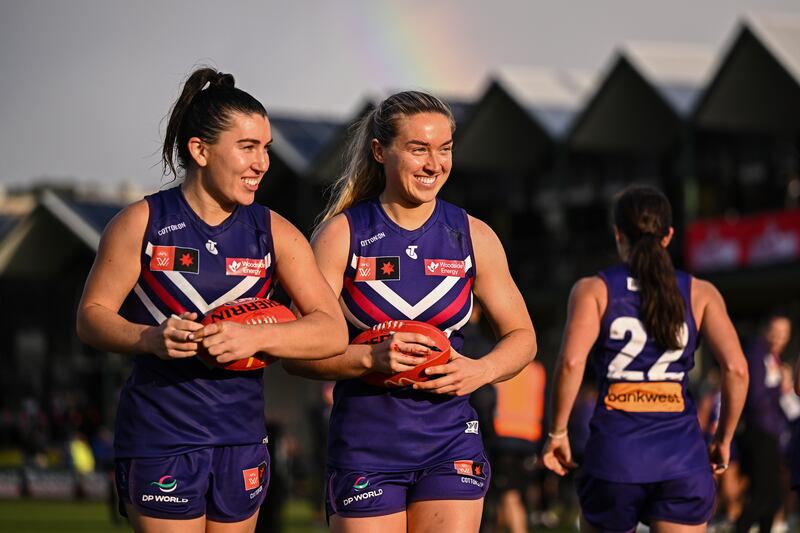 Joanne Cregg and Orlagh Lally playing for Fremantle Dockers in Perth, Australia. Photograph: Daniel Carson/AFL Photos via Getty Images