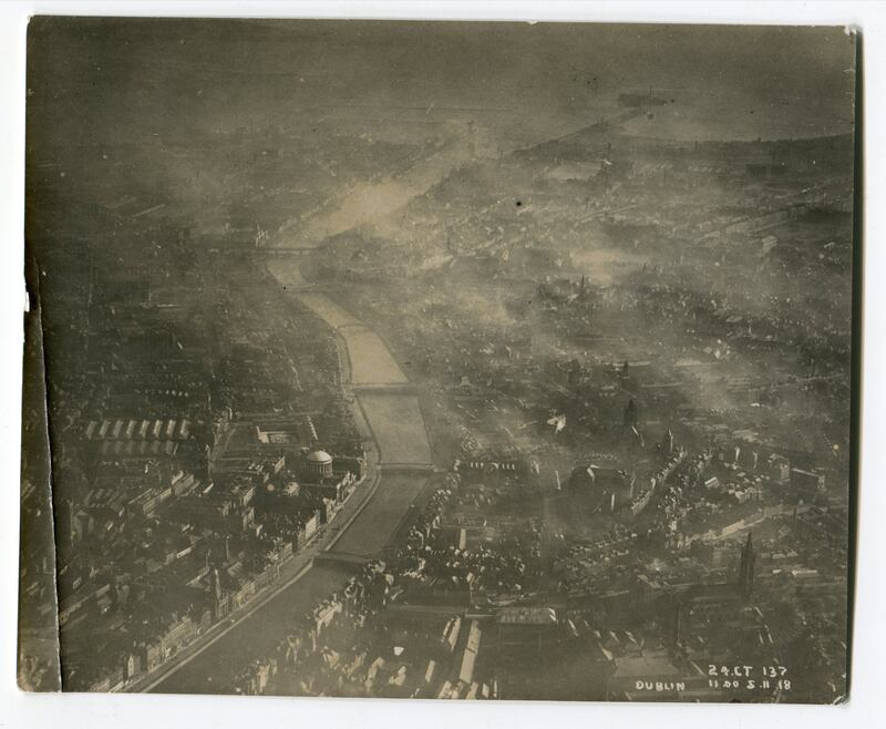 Dublin city centre from the air, looking towards the mouth of the River Liffey as photographed by the Royal Air Force on November 5th, 1918. Photograph: Conor Dodd