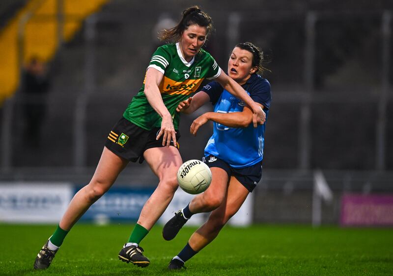 Lorraine Scanlon of Kerry in action against Leah Caffrey of Dublin during a previous clash between the two teams in the National Football League. Photograph: Eóin Noonan/Sportsfile