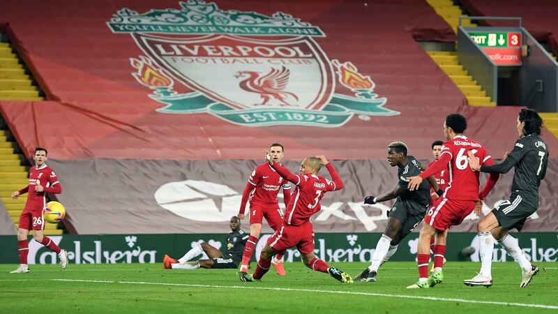 Paul Pogba misses a golden chance for Manchester United at Anfield. Photograph: Michael Regan/PA