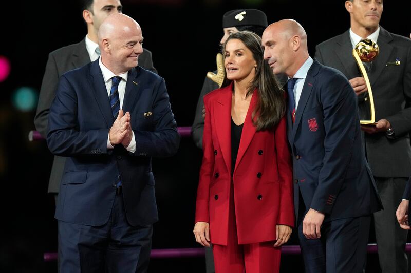 Fifa president Gianni Infantino, queen Letizia and president of Spain’s soccer federation Luis Rubiales during the trophy presentation. Photograph: AP