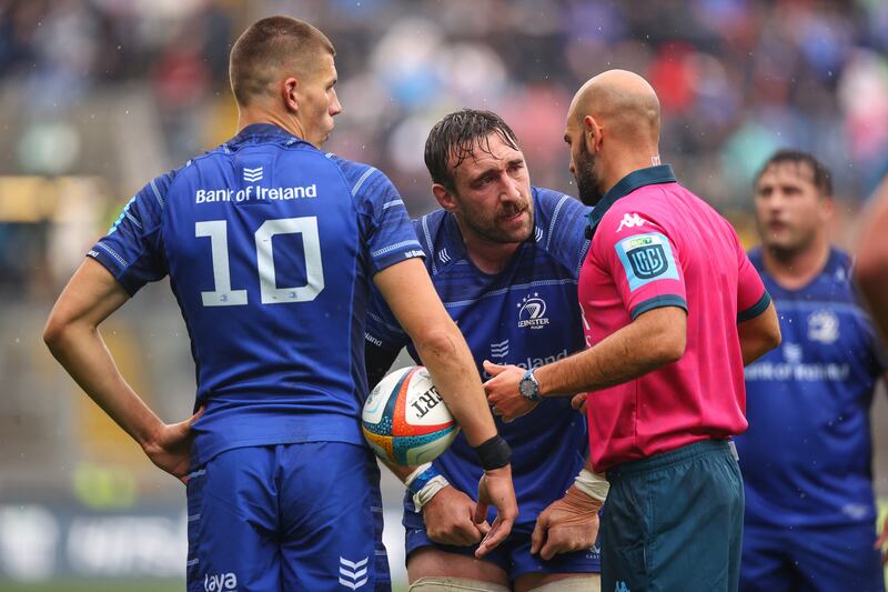 Leinster's Jack Conan speaks to referee Andrea Piardi during the URC final against Bulls. Photograph: Ben Brady/Inpho
