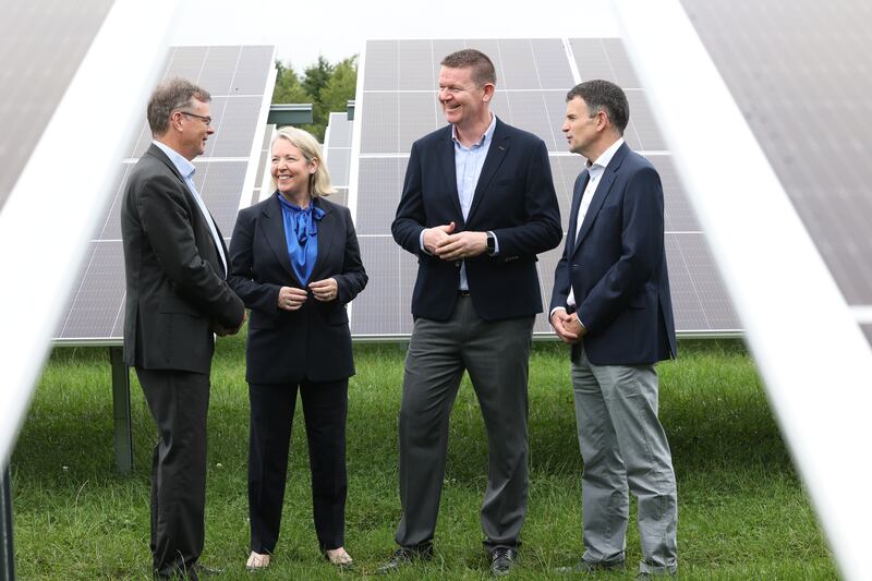 Pat Fenlon, executive director of ESB customer solutions, Mairéad McCaul, managing director MSD Human Health and head of MSD Ireland country leadership team, Brian Killen, assistant vice-president of operations and plant manager at MSD Ballydine, and Ciaran Gallagher, manager of ESB Smart Energy Services, at the announcement of the official opening of MSD Ballydine’s new solar project at Ballydine, Co Tipperary. Photograph: Robbie Reynolds