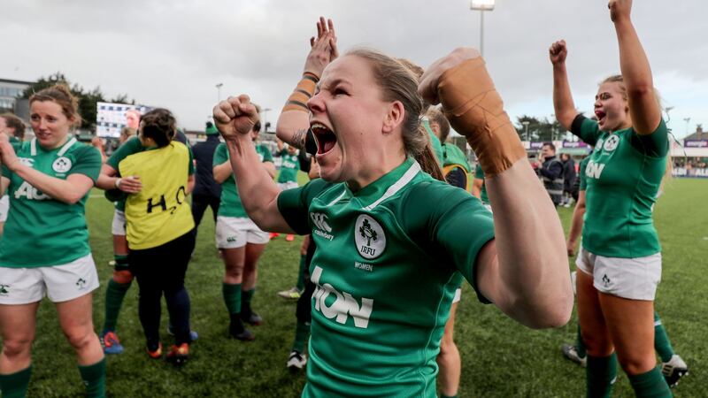Ireland’s Nicole Cronin leads the celebrations after the game. Photograph: Dan Sheridan/Inpho