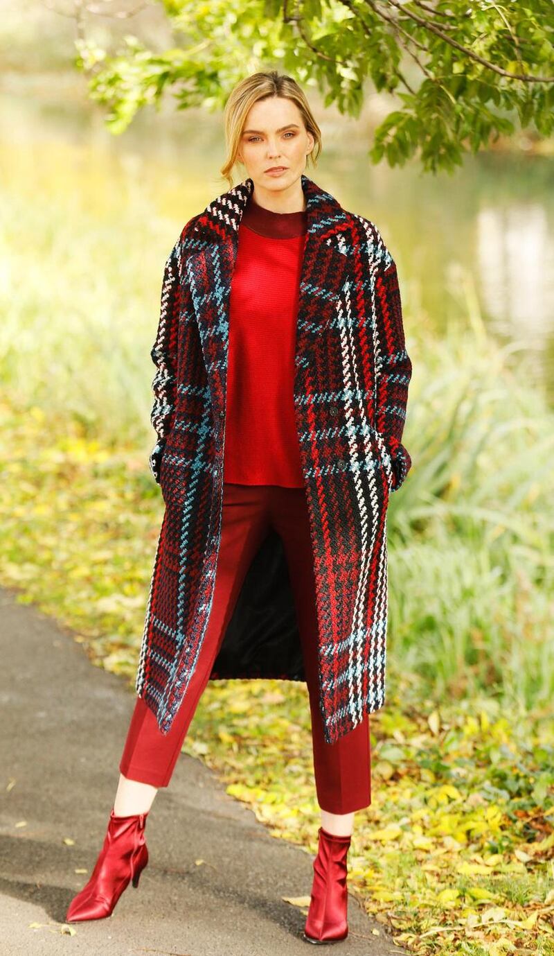 This oversize red-check coat limited edition is €95 while the skinny red trousers are €27. The red polo neck sweater is €24. Photograph: Kieran Harnett
