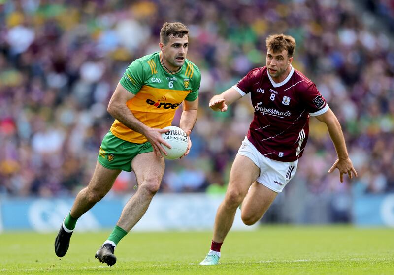 Donegal’s Caolan McGonagle and Paul Conroy of Galway. Photograph: James Crombie/Inpho