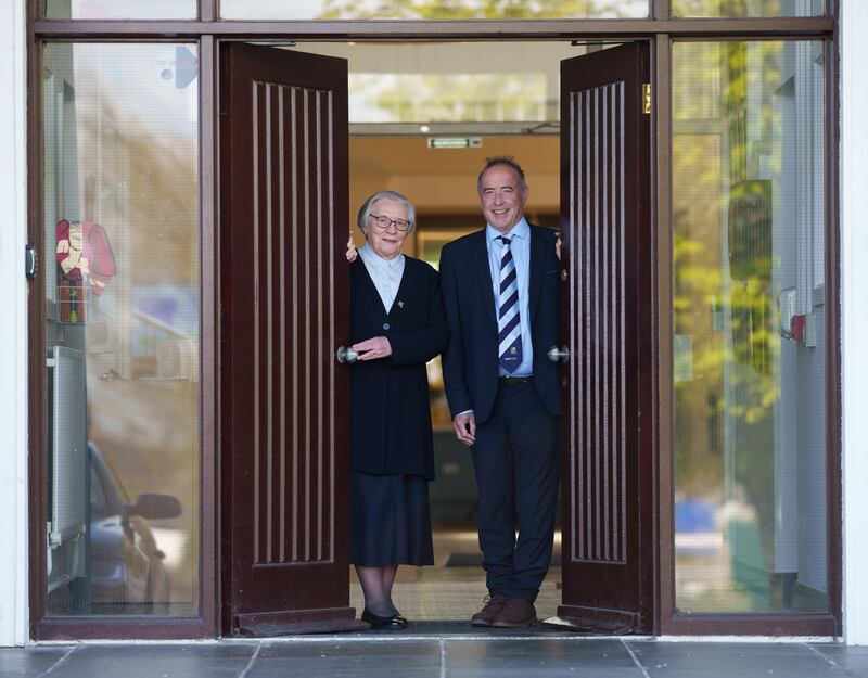 Sr Maeve Guinan, provincial superior of the order of St Joseph of Cluny, and St Joseph of Cluny Secondary School principal Ben Healy. Photograph: Fran Veale/Julien Behal Photography