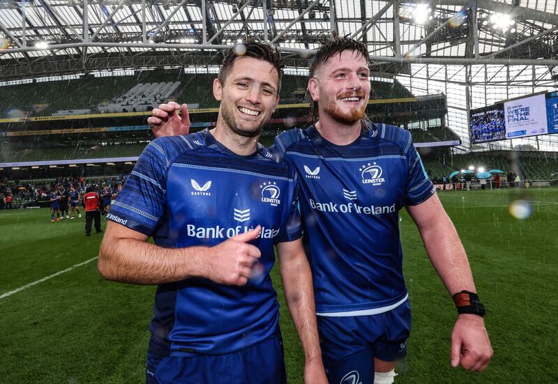 Leinster's Ross Byrne and Joe McCarthy celebrate Leinster's URC semi-final win over Glasgow Warriors. Photograph: Billy Stickland/Inpho