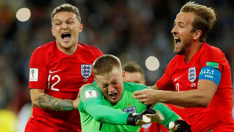 England’s Jordan Pickford celebrates after saving  Carlos Bacca’s penalty during the shootout against Colombia in the World Cup Round of 16  match at the Spartak Stadium in Moscow. Photograph: John Sibley/Reuters