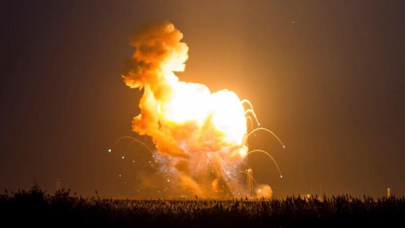 The Orbital Sciences Corporation Antares rocket, with the Cygnus spacecraft onboard, explodes moments after launch from the Nasa’s Wallops flight facility in Virginia. Photograph: Joel Kowsky/AP Photo/Nasa