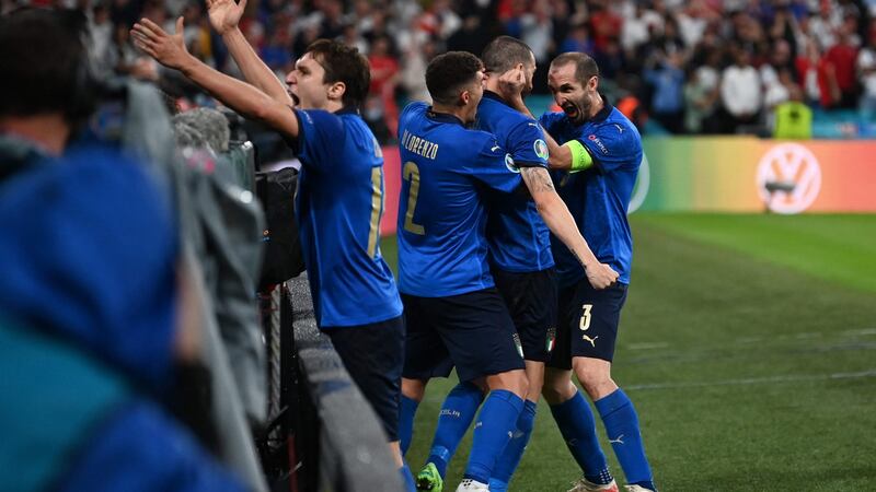 Bonucci celebrates with Chiellini after scoring. Photo: Paul Ellis /POOL/AFP via Getty Images