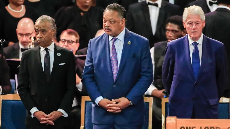 The Rev Al Sharpton, the Rev Jesse Jackson  and former US president Bill Clinton stand together before the start of Aretha Franklin’s funeral   in Detroit, Michigan. Photograph: Tannen Maury/EPA