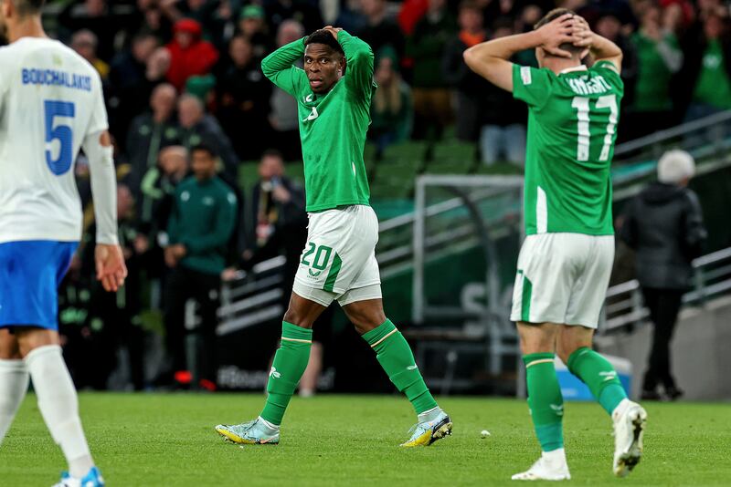 Chiedozie Ogbene reacts after his goal is disallowed due to offside. Photograph: Morgan Treacy/Inpho