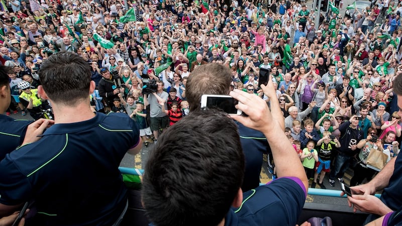 Connacht fans on the streets of Galway during the Connacht team’s homecoming. Photograph: ©INPHO/James Crombie