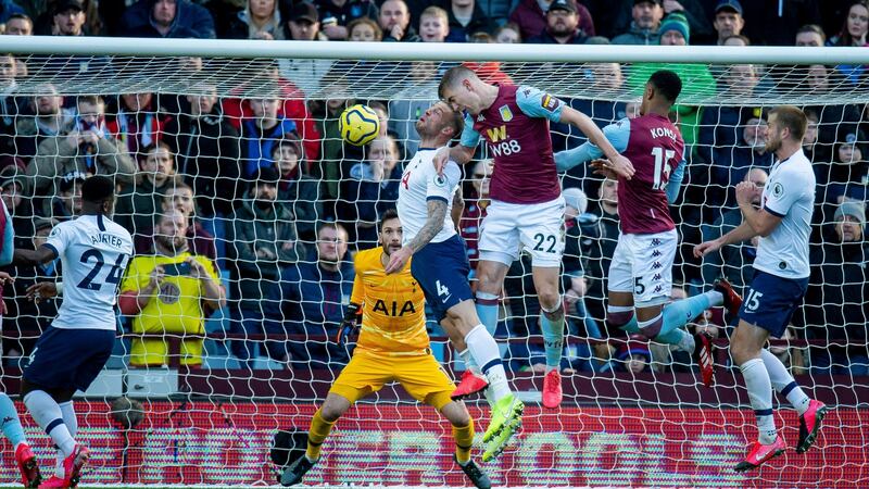 Aston Villa’s Bjorn Engels scores the equaliser during their Premier League draw with Tottenham Hotspur. Photo: Peter Powell/EPA