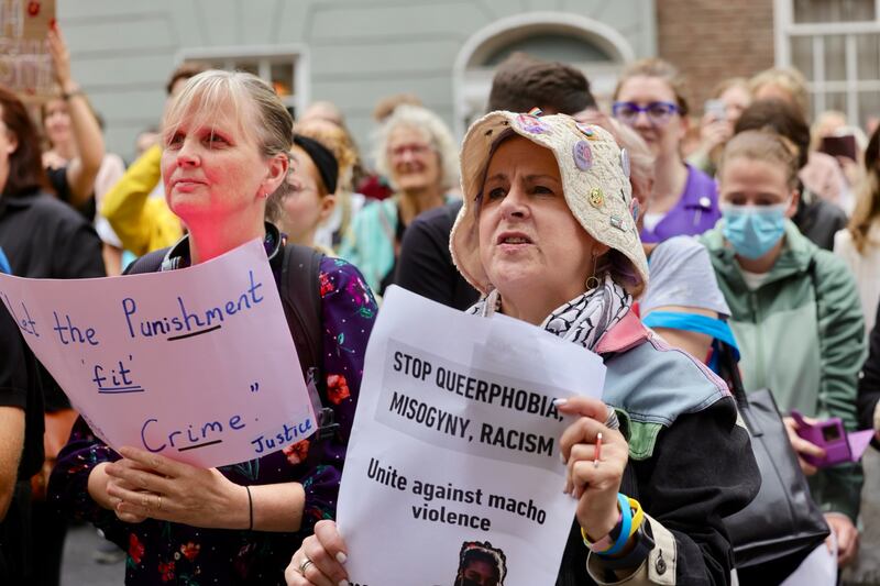Protesters in support of Natasha O’Brien speaking at a protest outside Leinster House to show solidarity with all survivors of gendered violence organised by the Rosa socialist feminist movement. Photograph:Alan Betson
