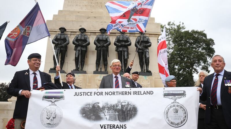 Former British soldier Dennis Hutchings (centre), who has been charged over the fatal 1974 shooting of a man in Northern Ireland, takes part in a protest to call for an end to prosecutions of veterans who served during the Troubles, on Horse Guards Parade, London. Photograph: Gareth Fuller/PA Wire