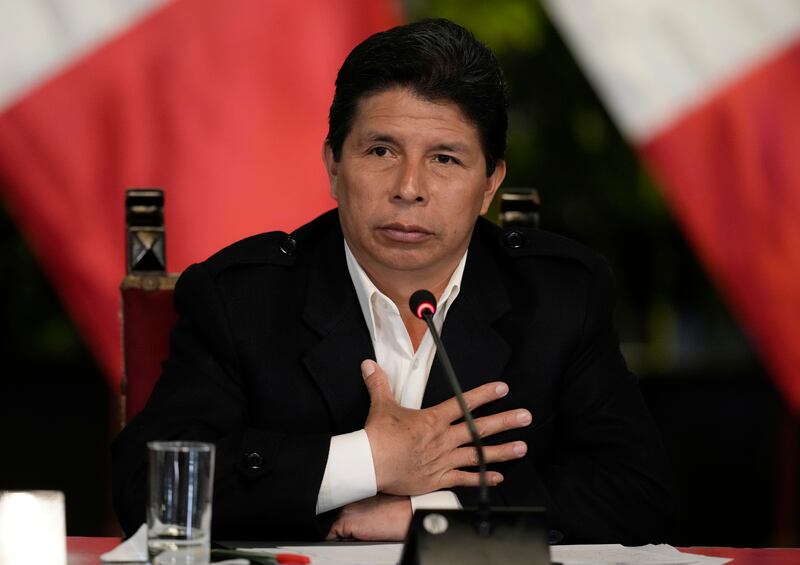 Former Peruvian president Pedro Castillo was detained while trying to flee to Mexico’s embassy in the capital Lima to request political asylum. Photograph: Martin Mejia/AP