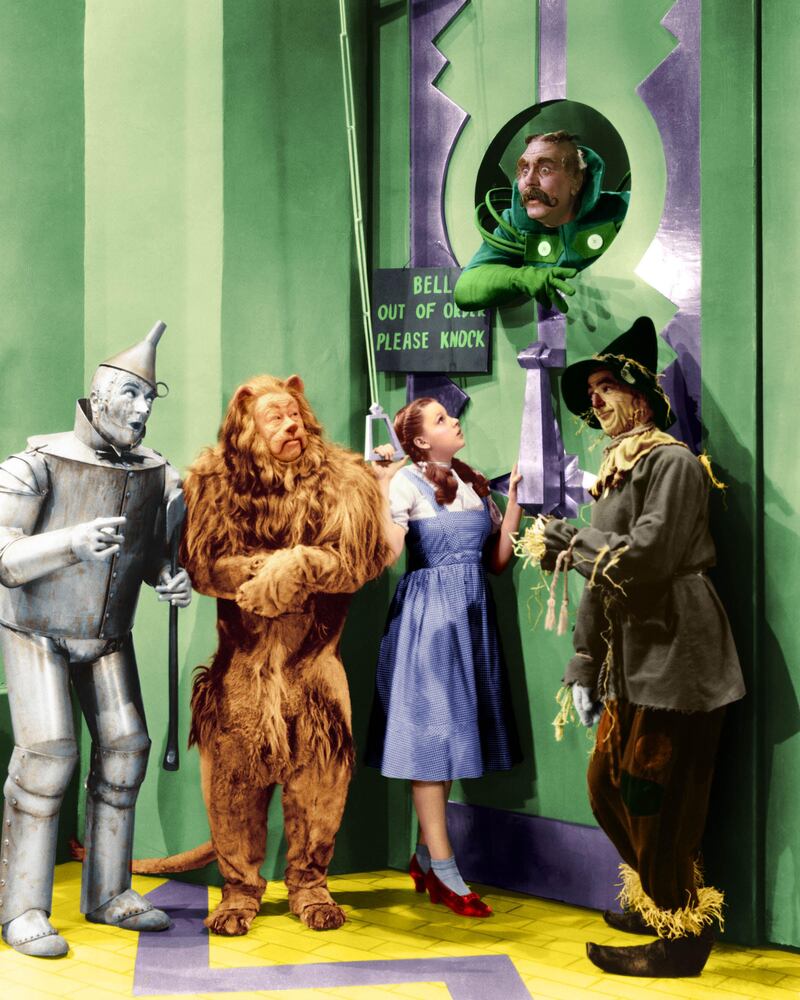 Jack Haley as the Tin Man, Bert Lahr as the Cowardly Lion, Judy Garland as Dorothy, Ray Bolger as the Scarecrow and Frank Morgan as the Doorman to the Emerald City in ‘The Wizard of Oz’in 1939.Photograph: Silver Screen Collection/Hulton Archive/Getty