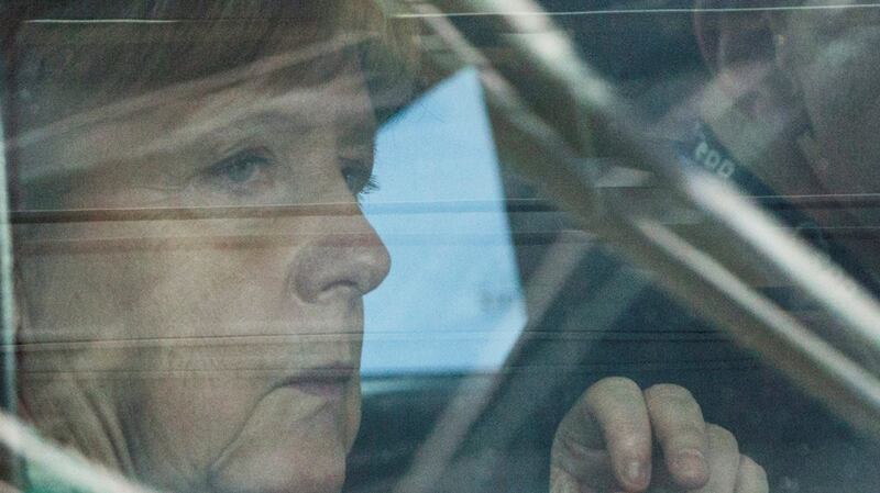 German chancellor Angela Merkel arrives at an European Union summit in Brussels, Belgium on Thursday. Photograph:  Virginia Mayo/Pool via REUTERS