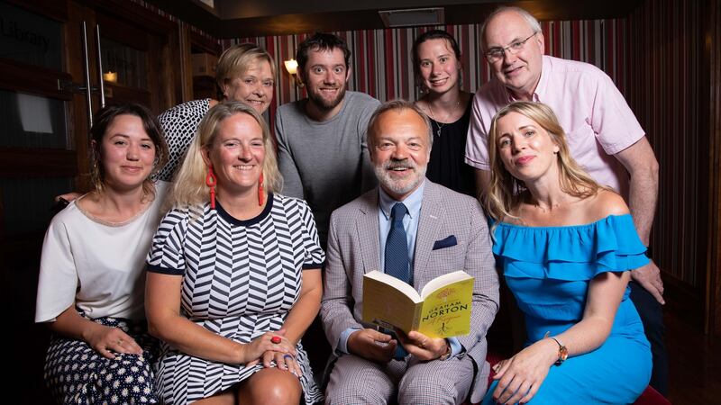 Louise Barker, Jean Kearney, Eimear O’Herlihy, Director of the West Cork Literary Festival, Beau Williams, Jennifer de Bie, Mat Purcell and Nadine O’Regan with Graham Norton at the West Cork Literary Festival. Photograph: Darragh Kane