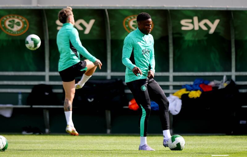 Chiedozie Ogbene during training with the Republic of Ireland squad this week. Photograph: Ryan Byrne/Inpho