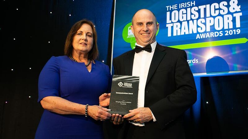 Dr Jane O’Keefe, Awards Judge presents the Communications Award to Guy Charman, Translink.