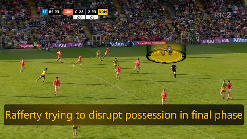 Rafferty advancing from goal in a defensive ploy as the clock ticked down