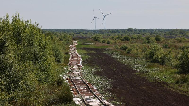 Two giant wind turbines, a glimpse of the future on Falsk Bog.  Photograph: Alan Betson / The Irish Times
